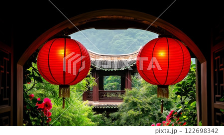 Tranquil asian garden with red lanterns and traditional architecture 122698342