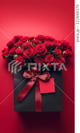 Elegant red roses bouquet in black gift bag with red bow on a vibrant red background 122698370