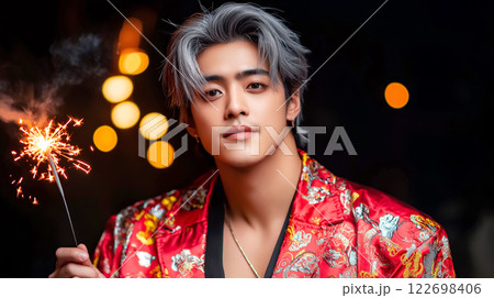Asian young male holding sparkler at night with bokeh lights 122698406
