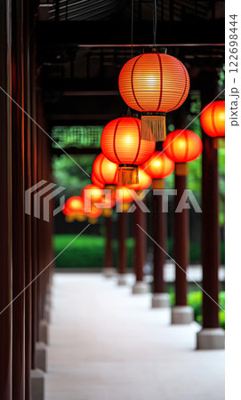 Traditional red lanterns adorning asian temple corridor at dusk 122698444