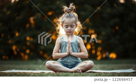 A young girl meditating outdoor 122698457