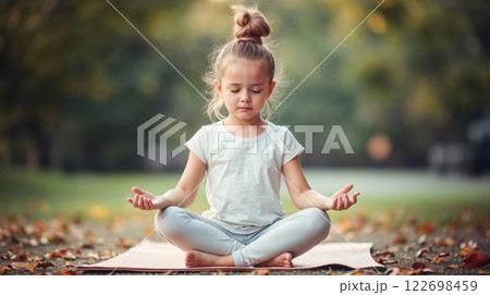 A young girl meditating outdoor 122698459