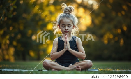 A young girl meditating outdoor 122698460