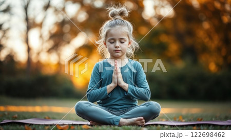 A young girl meditating outdoor 122698462