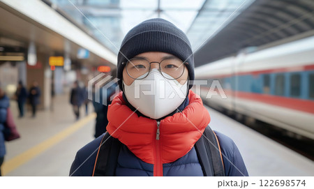 Asian young male wearing mask in train station with winter clothing 122698574