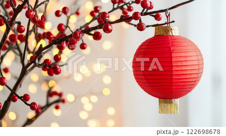 Festive red lantern hanging on branches with glowing lights in the background 122698678