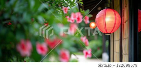 Serene garden with red lanterns and vibrant pink flowers 122698679