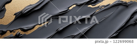 Expressive thick strokes of deep matte black intermingle with shimmering gold, forming a striking visual contrast perfect for luxury branding and packaging Expressive thick strokes of deep matte black intermingle with shimmering gold, forming a striking visual contrast perfect for luxury branding and packaging 122699068