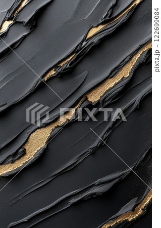 Thick acrylic strokes form a dynamic composition with deep matte black and vibrant gold. This powerful visual creates an impactful statement ideal for luxury branding and packaging Thick acrylic strokes form a dynamic composition with deep matte black and vibrant gold. This powerful visual creates an impactful statement ideal for luxury branding and packaging 122699084