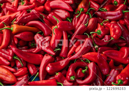 Heap Of Ripe Big Red Peppers At A Street Market. Peppers background Heap Of Ripe Big Red Peppers At A Street Market. Peppers background 122699283