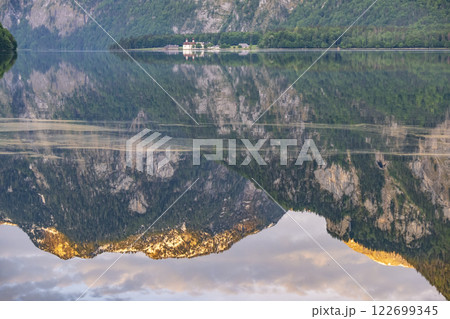 Sunrise on mountain lake Koenigssee Berchtesgaden National Park Bavaria Germany 122699345
