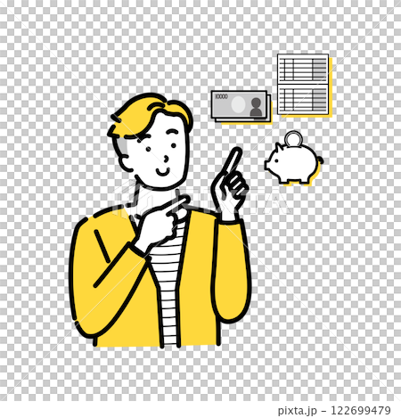Illustration of a smiling young man pointing at his savings 122699479