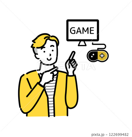 笑顔でゲームを楽しむ若い男性の指差しイラスト 122699482