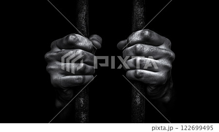 錆びた鉄格子を握る暗く陰気な囚人の手 122699495