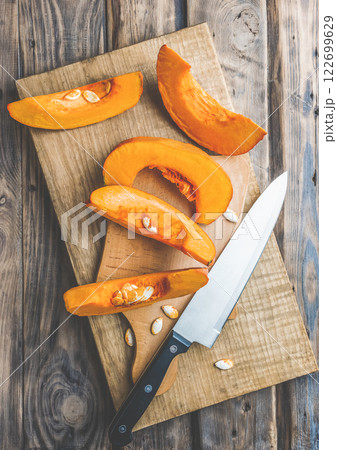 Halloween. Pumpkin.Thanksgiving Day. Banner. Autumn thanksgiving home decor with pumpkins on table. Cooking pumpkin. 122699629