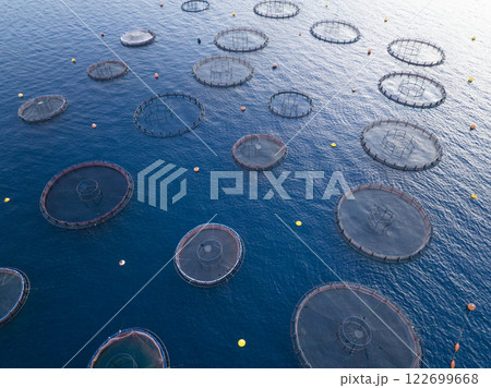 Aerial shot of Aquaculture sea fish Floating farming cages, offshore marine seafood industry in Adriatic Sea. Salmon. 122699668
