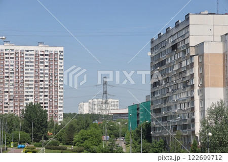 Sleeping area with tall buildings, Butovo, Moscow, April 2022. Sleeping area with tall buildings, Butovo, Moscow, April 2022. 122699712