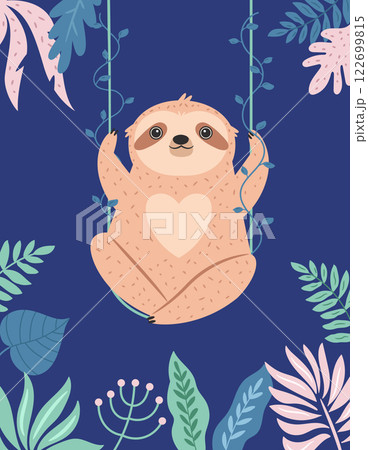 Vector illustration of cute sloth character in a rainforest. Vector illustration of cute sloth character in a rainforest. 122699815