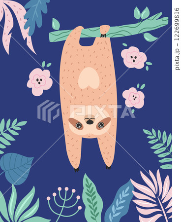 Vector illustration of cute sloth character in a rainforest. Vector illustration of cute sloth character in a rainforest. 122699816