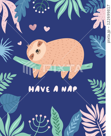 Vector illustration of cute sloth character in a rainforest. Vector illustration of cute sloth character in a rainforest. 122699817