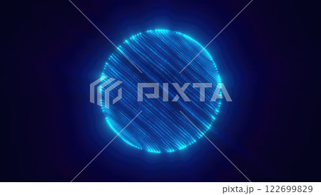 Futuristic glowing blue sphere composed of digital lines and dots on a dark background, representing technology, data, and innovation 122699829