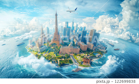 雲と海の間に浮かぶ島に建てられた街、魔法のような旅行先 122699838