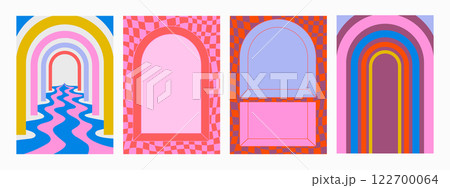 Abstract psychedelic retro pattern set. Groovy backgrounds in vivid colors. Trendy funky vector textures in abstract y2k style. Vector graphic for posters and art prints. 122700064