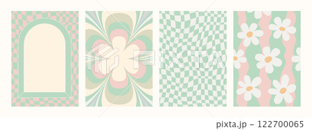 Retro pattern set. Abstract psychedelic Groovy backgrounds in retro colors. Trendy twisted funky vector texture in abstract y2k style. Vector graphic for posters and art prints. Retro pattern set. Abstract psychedelic Groovy backgrounds in retro colors. Trendy twisted funky vector texture in abstract y2k style. Vector graphic for posters and art prints. 122700065