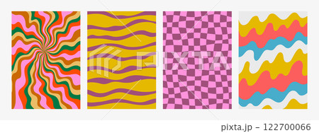 Abstract psychedelic retro pattern set. Groovy backgrounds in vivid colors. Trendy funky vector textures in abstract y2k style. Vector graphic for posters and art prints. Abstract psychedelic retro pattern set. Groovy backgrounds in vivid colors. Trendy funky vector textures in abstract y2k style. Vector graphic for posters and art prints. 122700066