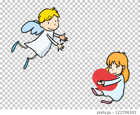 A fairytale-like Cupid floating in the sky / A little girl holding a heart given to her by an angel 2 A fairytale-like Cupid floating in the sky / A little girl holding a heart given to her by an angel 2 122700165