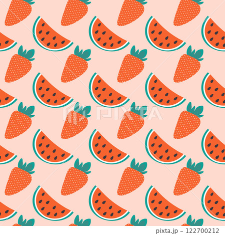 Strawberry with leaves and Watermelon slices with seed Seamless pattern Colorful background Texture 122700212