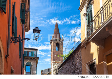 Historic buldings in street at centre of Verona town, Italy, Europe. 122700216