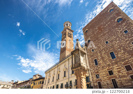 Piazza delle Erbe square with Torre dei Lamberti tower in historic centre of Verona town, Italy, Europe. 122700218