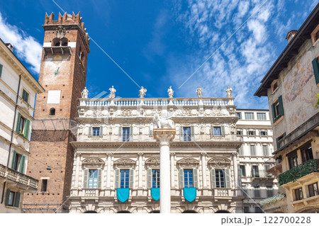 Piazza delle Erbe square with Palazzo Maffei palace in historic centre of Verona town, Italy, Europe. 122700228