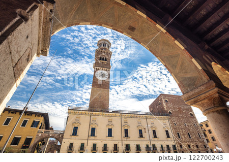Piazza delle Erbe square with Torre dei Lamberti tower in historic centre of Verona town, Italy, Europe. Piazza delle Erbe square with Torre dei Lamberti tower in historic centre of Verona town, Italy, Europe. 122700243