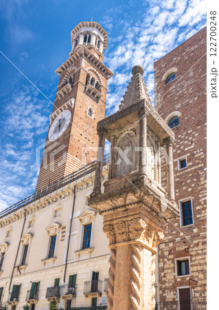 Piazza delle Erbe square with Torre dei Lamberti tower in historic centre of Verona town, Italy, Europe. 122700248