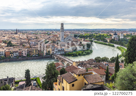 Panoramic view of the Verona city with Ponte Pietra bridge from Castel San Pietro castle, Italy, Europe. 122700275