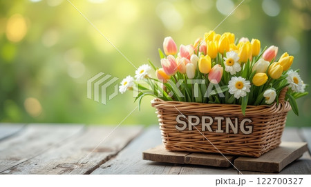 Wicker basket with yellow and pink tulips and daisies on wooden table outdoors with blurred green background. Springtime and nature concept with copy space 122700327