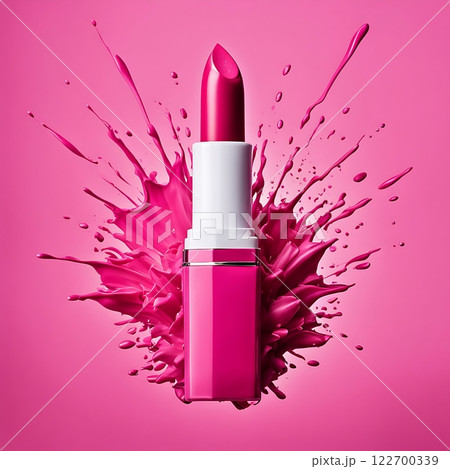 Pink lipstick with splash of liquid on pink background. Creative cosmetics and beauty product concept Pink lipstick with splash of liquid on pink background. Creative cosmetics and beauty product concept 122700339