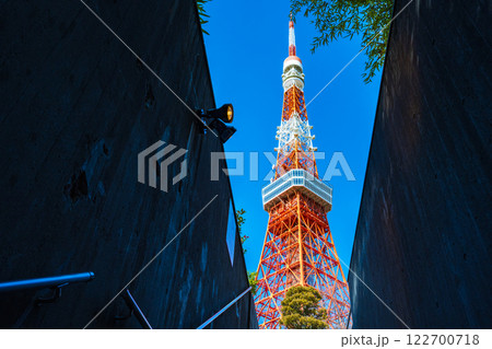 Clear blue winter sky and Tokyo Tower. Image of Tokyo sightseeing. Clear blue winter sky and Tokyo Tower. Image of Tokyo sightseeing. 122700718