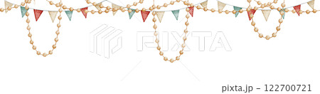 Watercolor Garland Border with colorful lights and bunting flags. Illustration of seamless pattern for festive greeting cards or childish carnival invitations. Art for baby design. 122700721