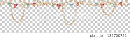 Watercolor Garland Border with colorful lights and bunting flags. Illustration of seamless pattern for festive greeting cards or childish carnival invitations. Art for baby design. 122700721