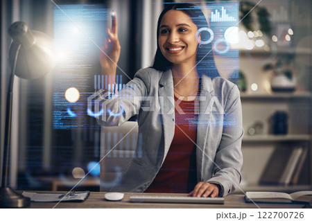 Digital IT technician or software developer coding user interface or UX program code on cgi 3D screen. Futuristic javascript SSL language with genius female engineer reading security information 122700726