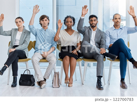 Hands of business people asking questions in seminar conference at work, voting for strategy and solution to problem in meeting at company. Portrait of corporate employees in collaboration as team 122700783