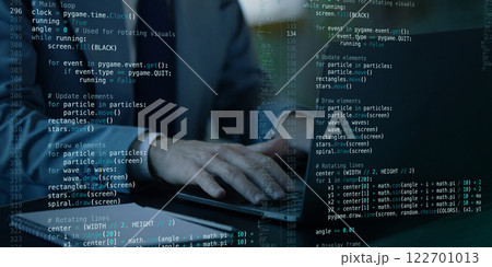 Programmer typing on laptop with transparent virtual screen displaying fictional programming logic, system updates Programmer typing on laptop with transparent virtual screen displaying fictional programming logic, system updates 122701013