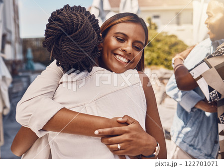 Girl friend, friends and happy hug of women with a smile hugging with happiness and love. Young female adult friendship of university students showing trust, care and unity together smiling outdoors 122701071