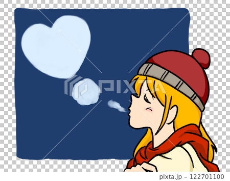 赤い帽子をかぶった真横を向いた横顔の赤毛(金髪)の女の子の吐く息がふわふわハートマークに 青背景有り 赤い帽子をかぶった真横を向いた横顔の赤毛(金髪)の女の子の吐く息がふわふわハートマークに 青背景有り 122701100