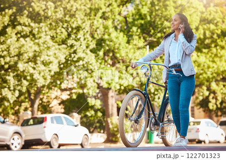Bike, phone and walking with a young woman talking, exploring and sightseeing the city while enjoying travel and tourism. Carbon footprint, going green and eco friendly lifestyle with a happy female Bike, phone and walking with a young woman talking, exploring and sightseeing the city while enjoying travel and tourism. Carbon footprint, going green and eco friendly lifestyle with a happy female 122701323