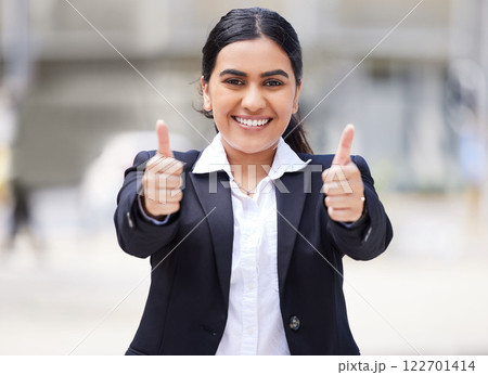 Thumbs up emoji for motivation, success and thank you for support in urban city. Portrait of a happy, smile and excited business woman, winner and worker with goal, yes vote and trust for good news Thumbs up emoji for motivation, success and thank you for support in urban city. Portrait of a happy, smile and excited business woman, winner and worker with goal, yes vote and trust for good news 122701414