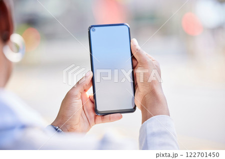 Phone, mock up screen and blank website for communication, advertising and social media marketing with woman browsing, texting or using mobile app. Closeup hands of woman showing contact us webpage 122701450
